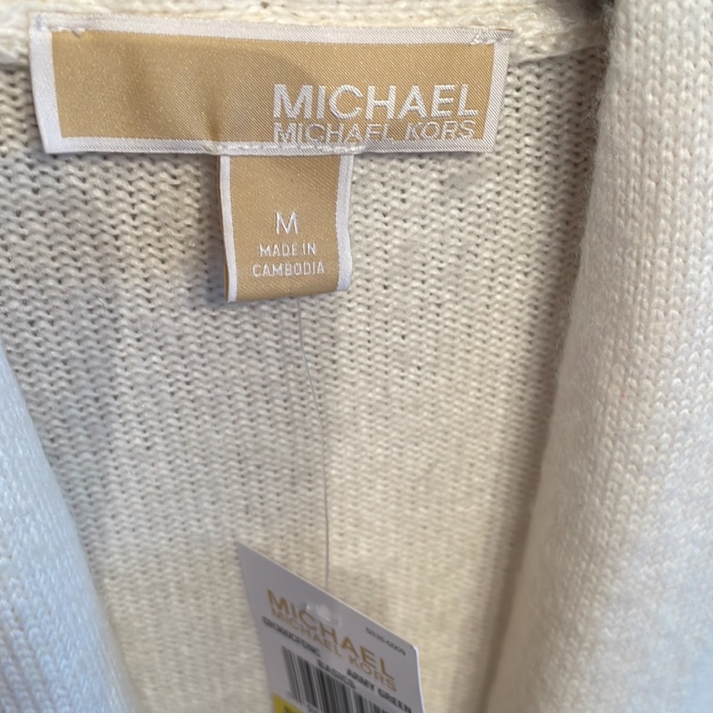 Michael Kors Ivory and Olive Green Striped Open-Front Cardigan - Picture 2 of 5
